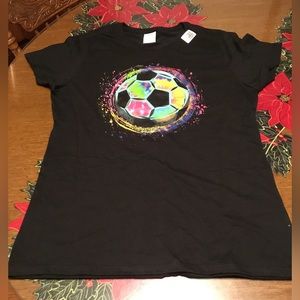 Black soccer shirt with multi colored soccer ball